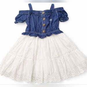 Calvin Klein Girls Blue Denim White Cotton Lace Dress 4T Cottagecore Boho
